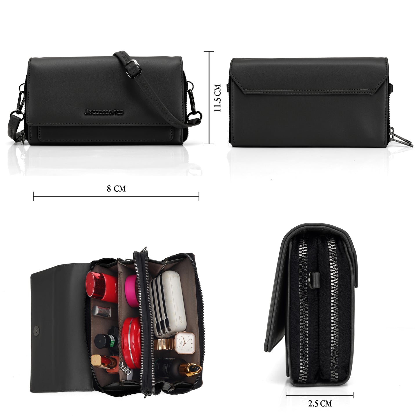 JI Accessories Women’s Multi-Compartment Wallet Clutch – Zippered Long Purse with Sling Strap (Multi-Color)