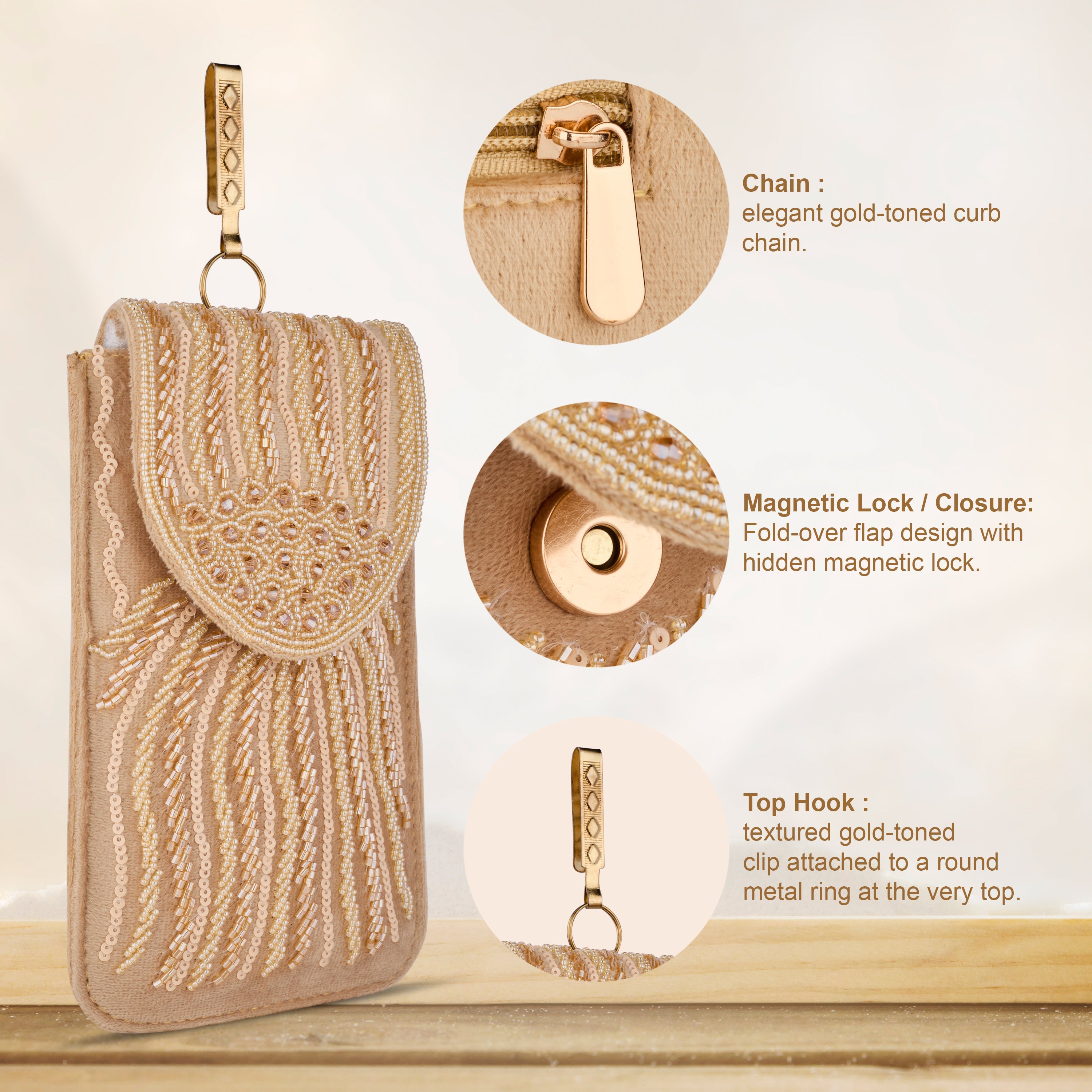 Luxury Handcrafted Light brown Beaded Phone Pouch for Women | Magnetic Closure & Gold-Tone Hook