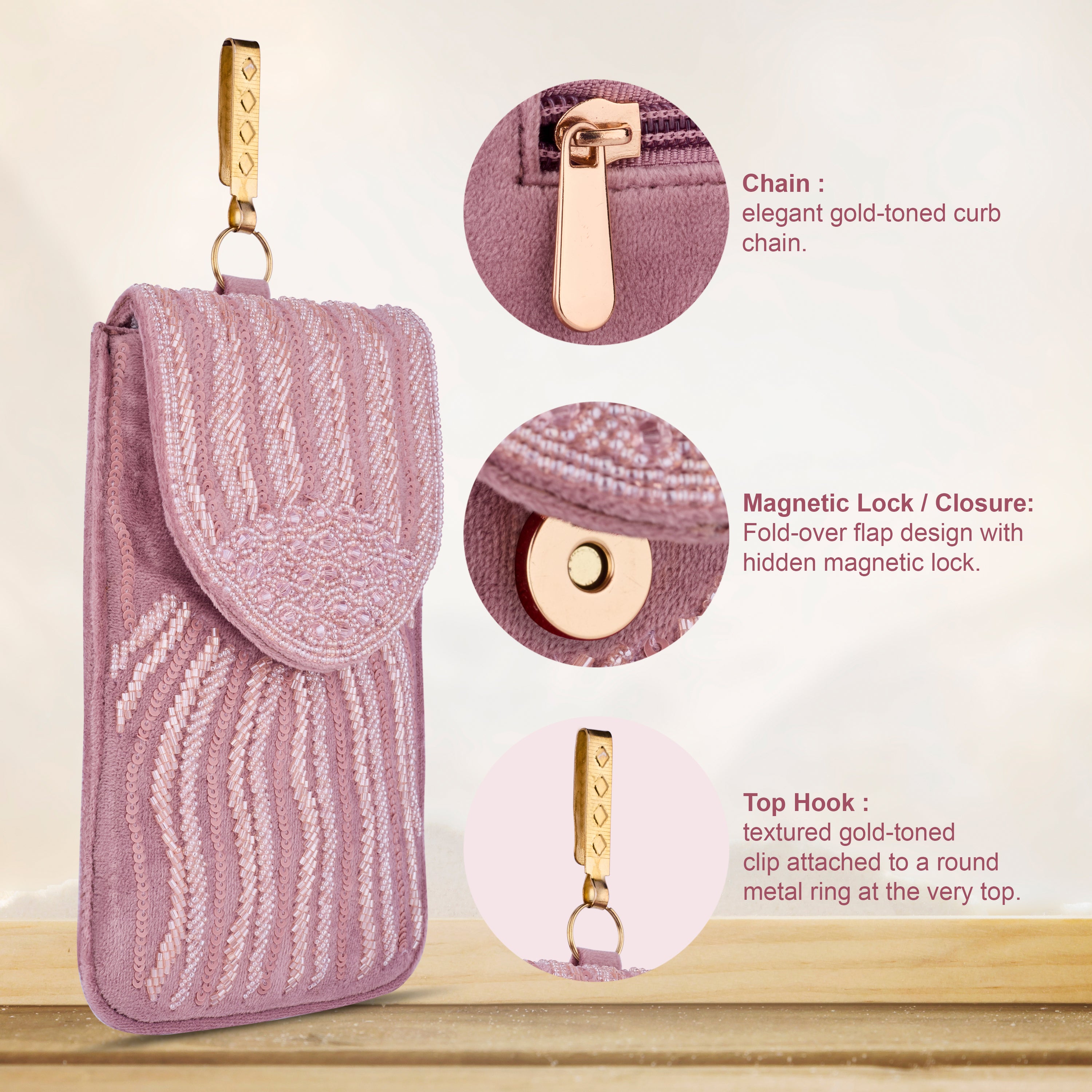 Luxury Handcrafted Dusty Pink Beaded Phone Pouch for Women | Magnetic Closure & Gold-Tone Hook