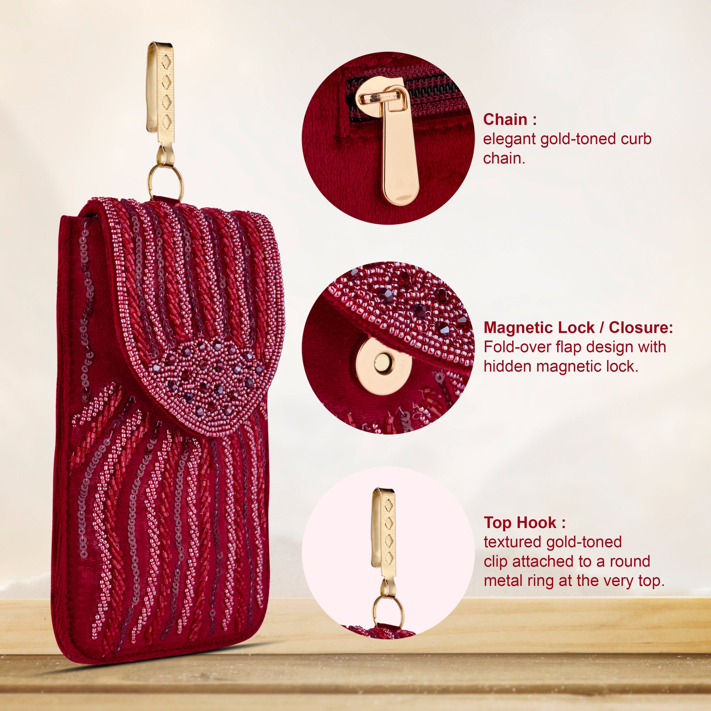 Luxury Handcrafted Red Beaded Phone Pouch for Women | Magnetic Closure & Gold-Tone Hook