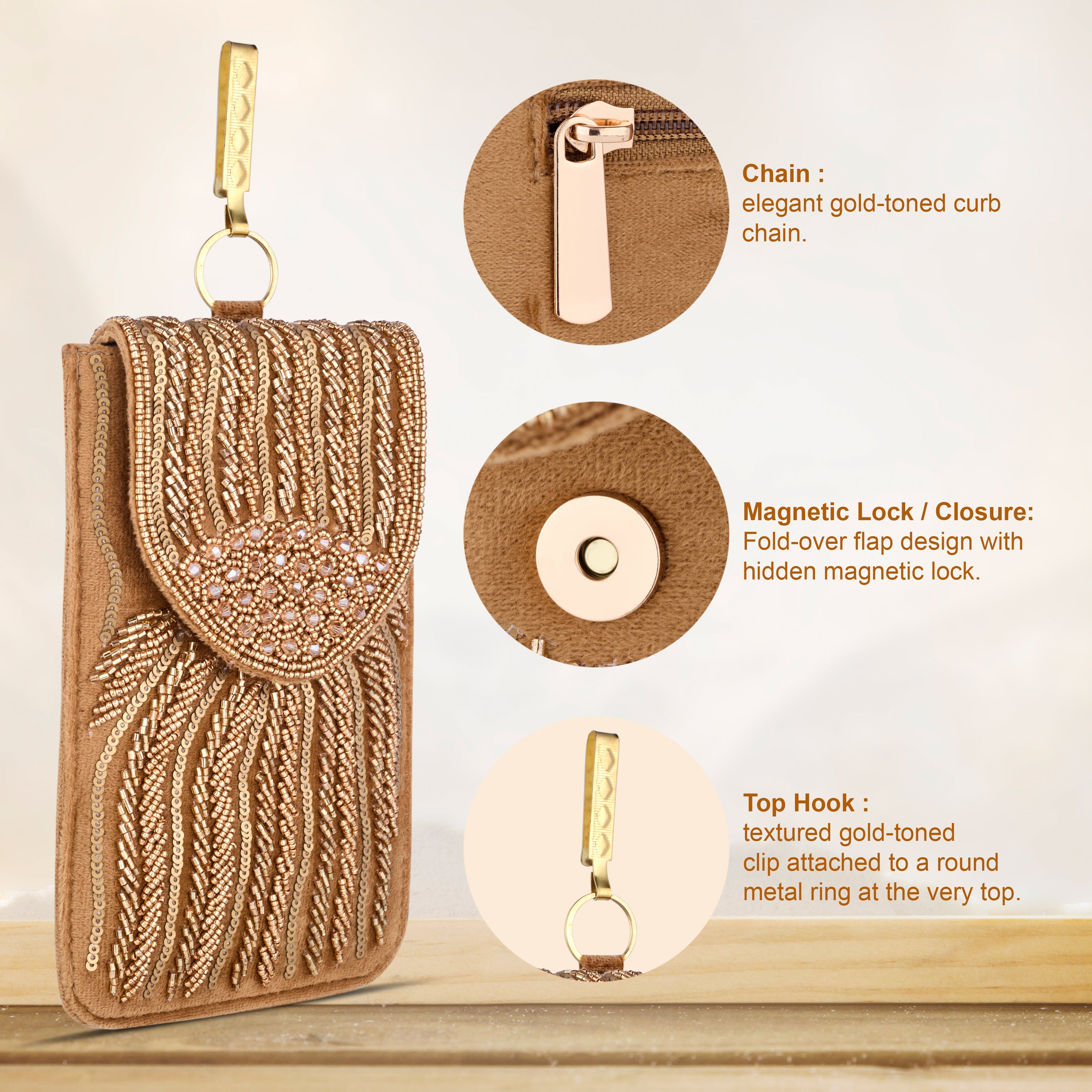 Luxury Handcrafted Light Brown Beaded Phone Pouch for Women | Magnetic Closure & Gold-Tone Hook