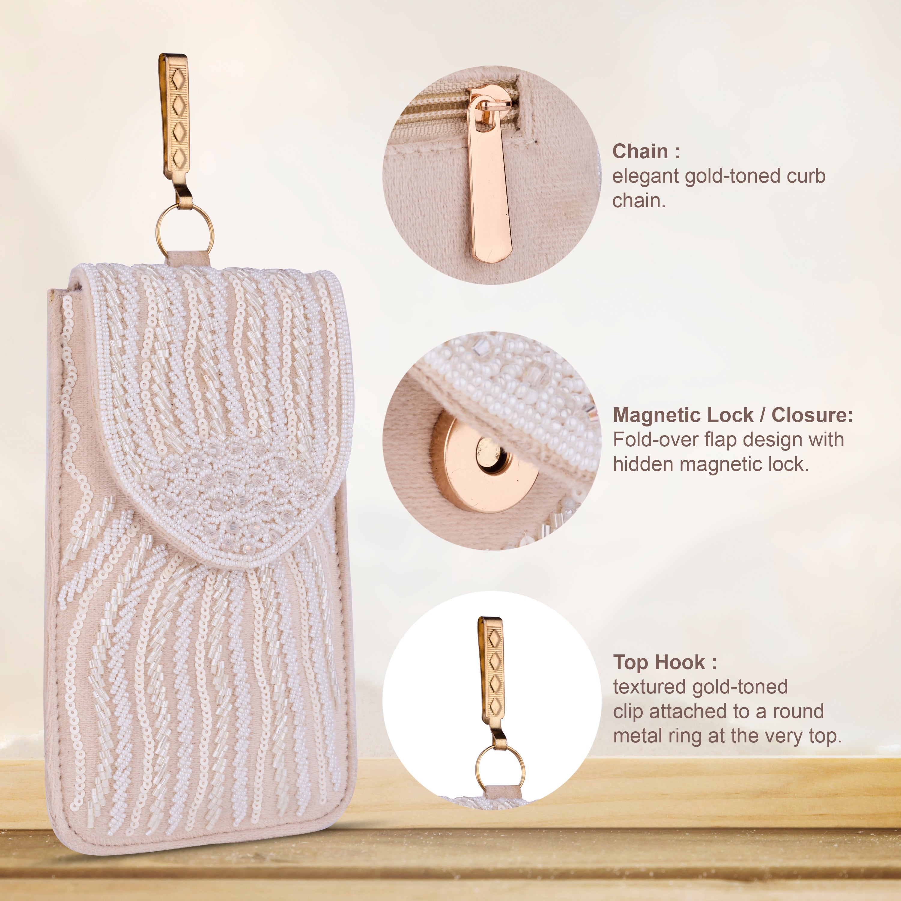 Luxury Handcrafted Off White Beaded Phone Pouch for Women | Magnetic Closure & Gold-Tone Hook