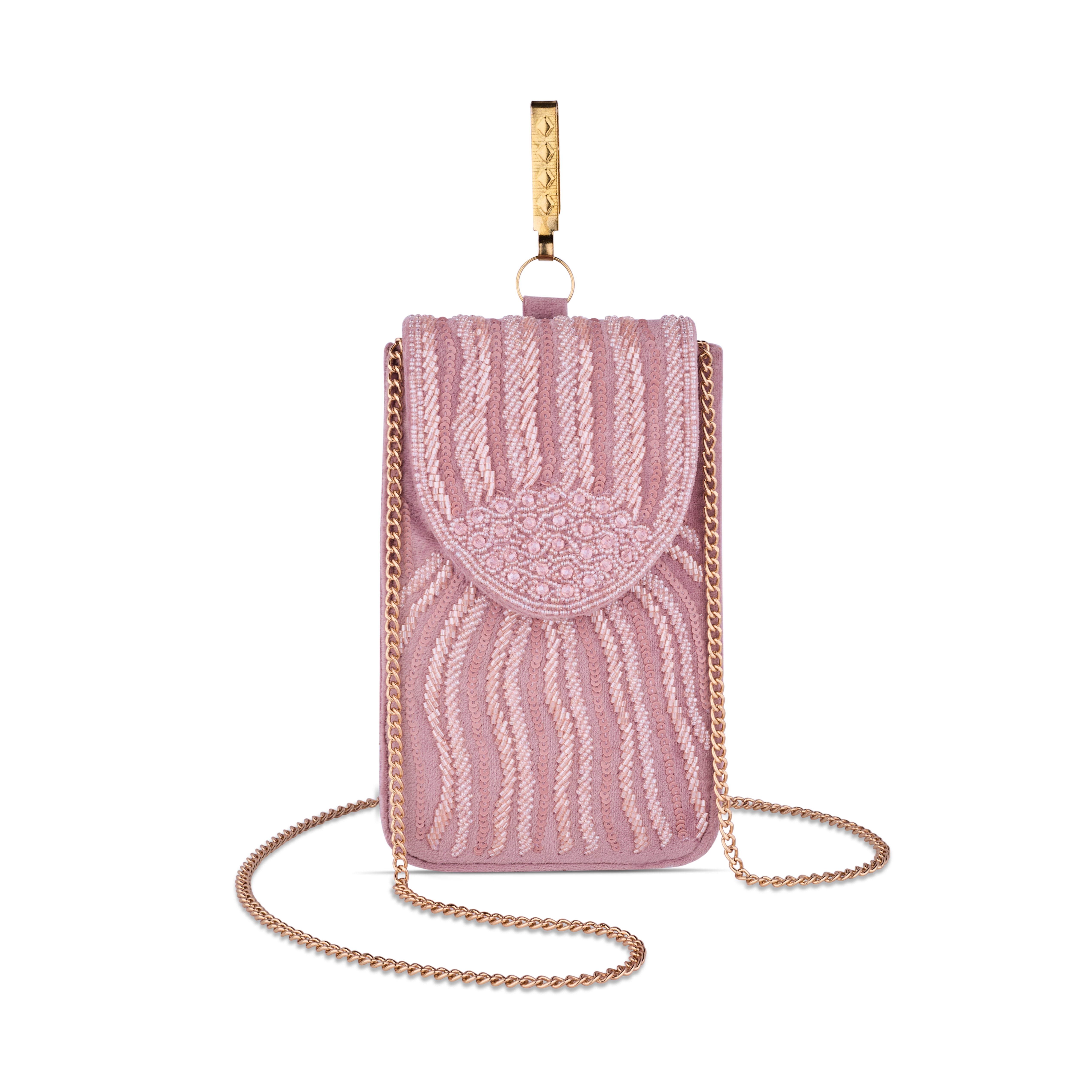 Luxury Handcrafted Dusty Pink Beaded Phone Pouch for Women | Magnetic Closure & Gold-Tone Hook
