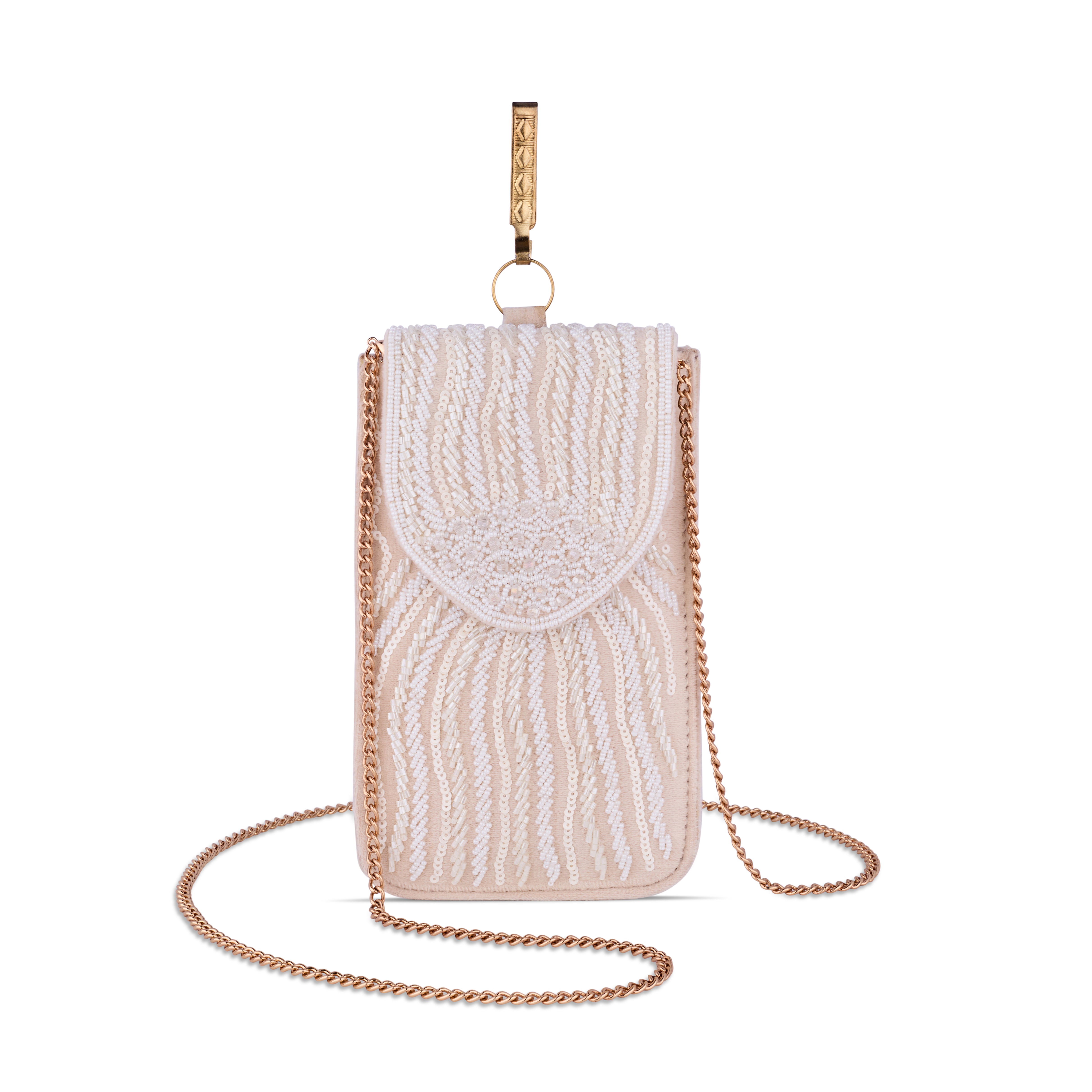 Luxury Handcrafted Off White Beaded Phone Pouch for Women | Magnetic Closure & Gold-Tone Hook