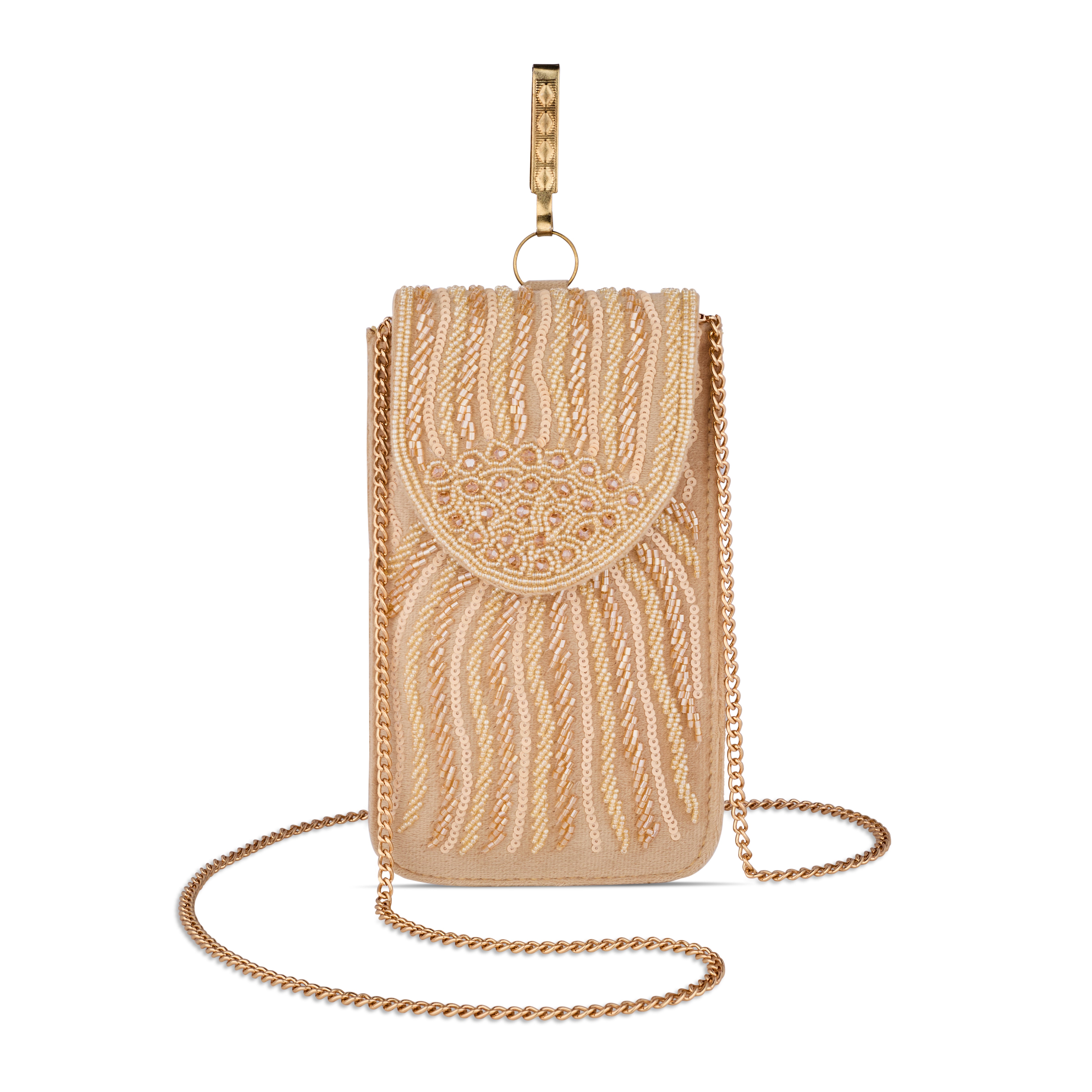 Luxury Handcrafted Light brown Beaded Phone Pouch for Women | Magnetic Closure & Gold-Tone Hook