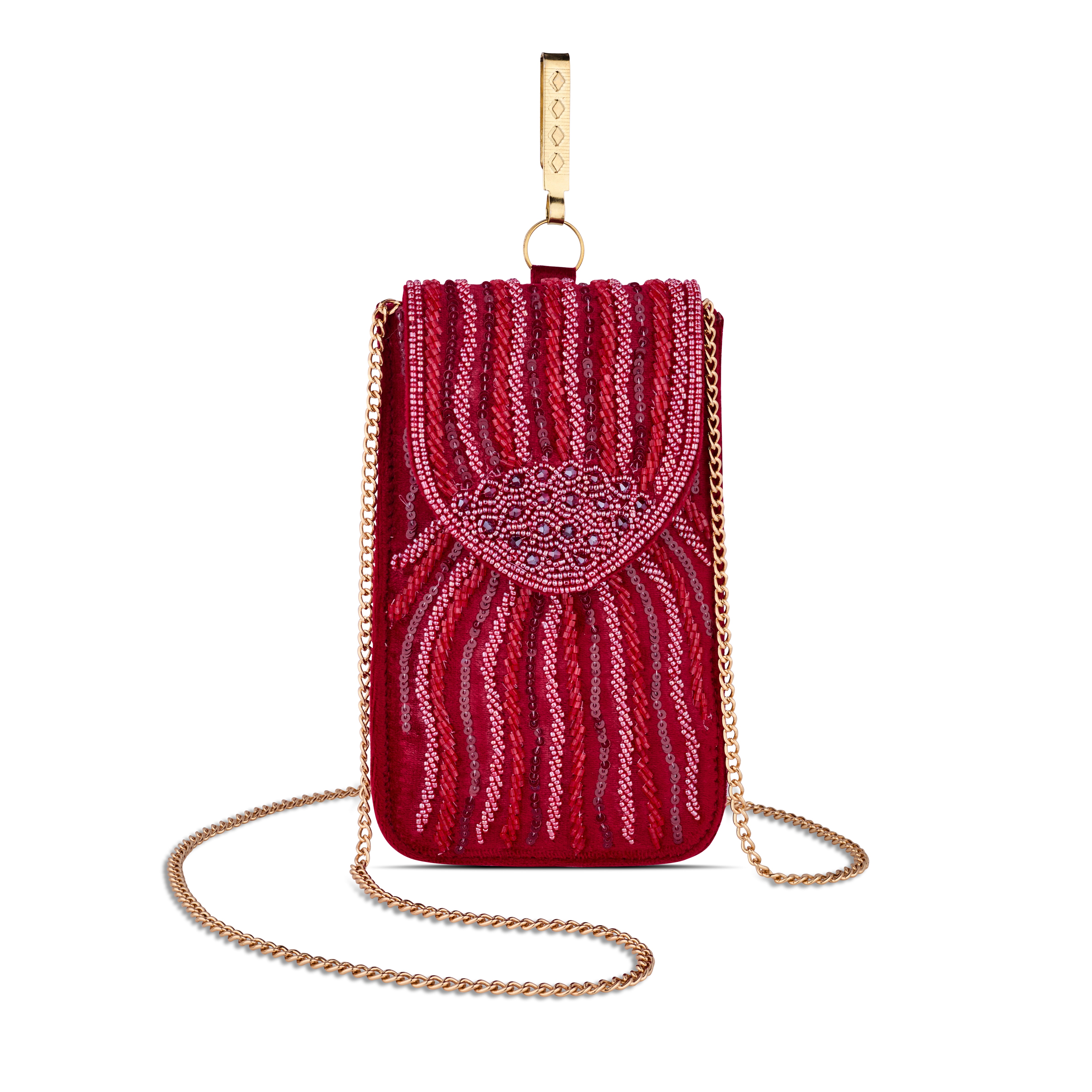 Luxury Handcrafted Red Beaded Phone Pouch for Women | Magnetic Closure & Gold-Tone Hook
