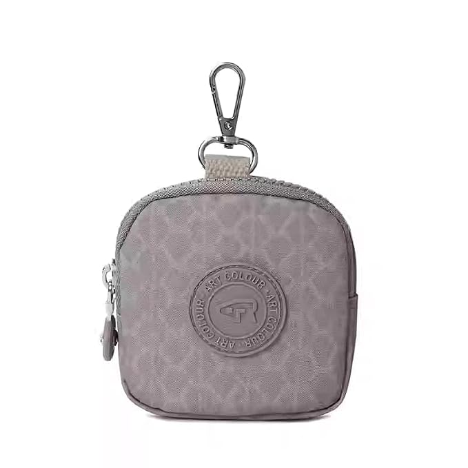 Bag in Mini Coin Purse Pouch with Zipper and Keychain Clip – Small Travel Wallet for Coins, Earbuds, Keys – Compact 10x10x2cm Square Organizer for Women (Grey & Pink)