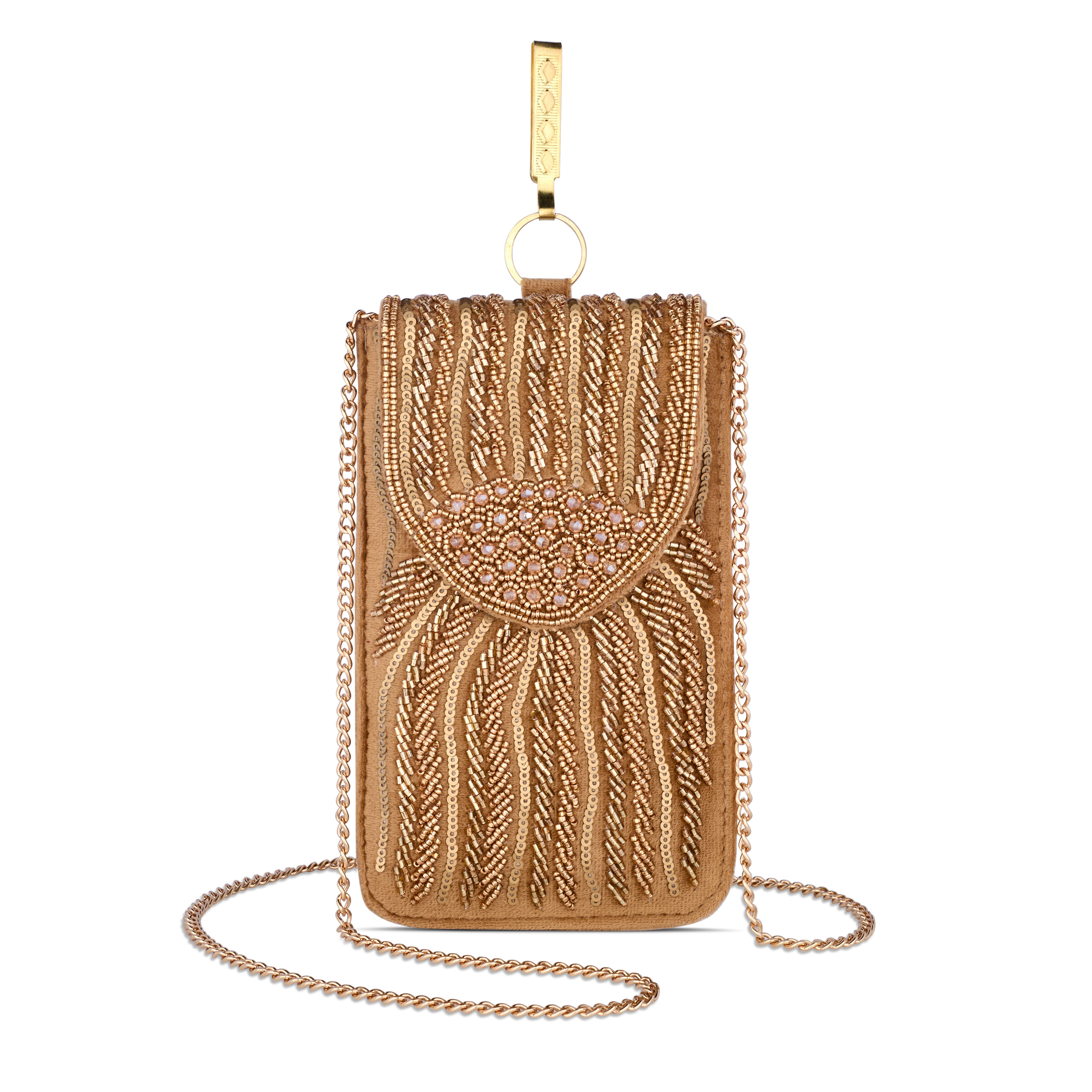 Luxury Handcrafted Light Brown Beaded Phone Pouch for Women | Magnetic Closure & Gold-Tone Hook