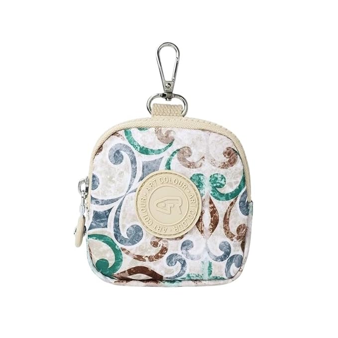 Bag in Mini Coin Purse Pouch with Zipper and Keychain Clip – Small Travel Wallet for Coins, Earbuds, Keys – Compact 10x10x2cm Square Organizer for Women (Cream Print)