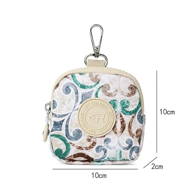 Bag in Mini Coin Purse Pouch with Zipper and Keychain Clip – Small Travel Wallet for Coins, Earbuds, Keys – Compact 10x10x2cm Square Organizer for Women (Cream Print)