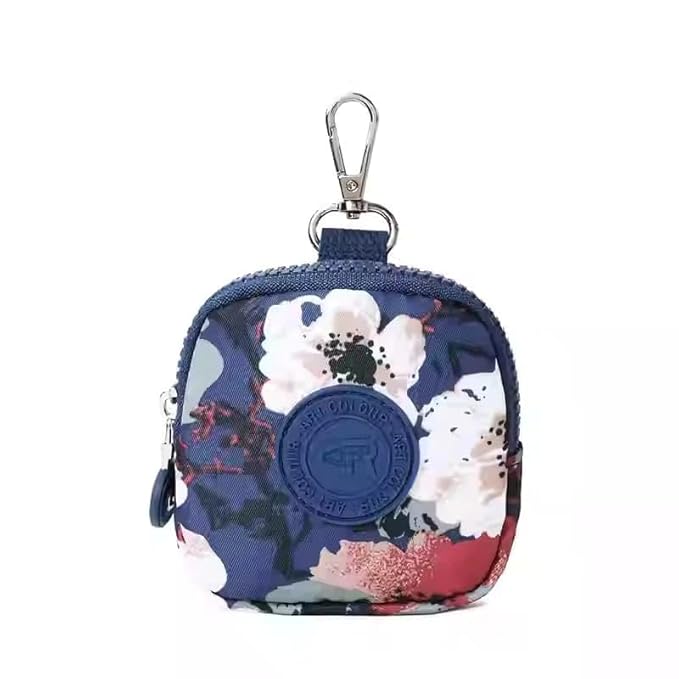 Bag in Mini Coin Purse Pouch with Zipper and Keychain Clip – Small Travel Wallet for Coins, Earbuds, Keys – Compact 10x10x2cm Square Organizer for Women (Blue Flower)