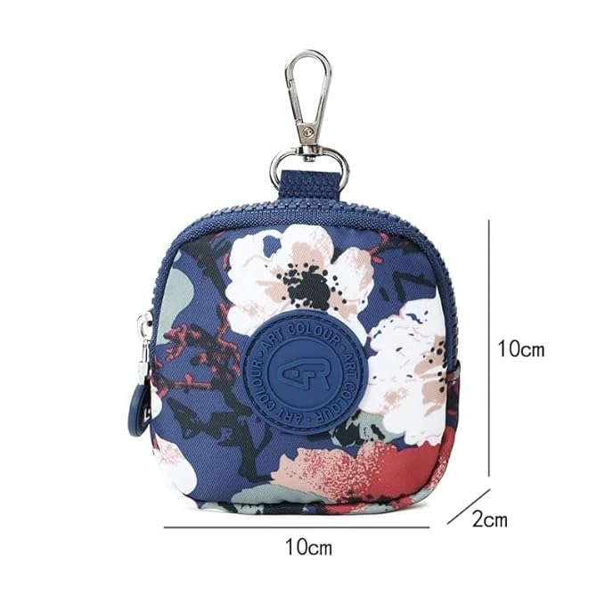 Bag in Mini Coin Purse Pouch with Zipper and Keychain Clip – Small Travel Wallet for Coins, Earbuds, Keys – Compact 10x10x2cm Square Organizer for Women (Blue Flower)