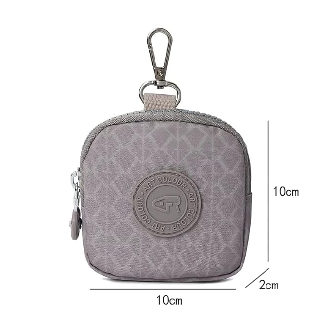 Bag in Mini Coin Purse Pouch with Zipper and Keychain Clip – Small Travel Wallet for Coins, Earbuds, Keys – Compact 10x10x2cm Square Organizer for Women (Grey & Pink)