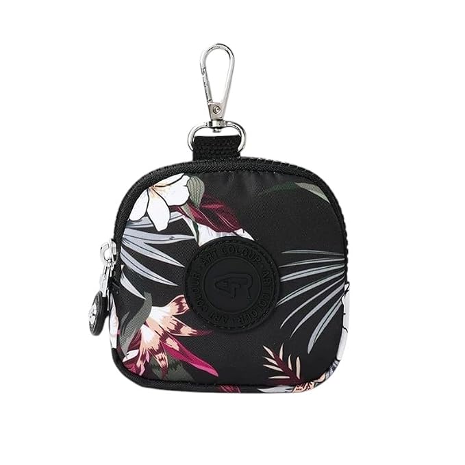 Bag in Mini Coin Purse Pouch with Zipper and Keychain Clip – Small Travel Wallet for Coins, Earbuds, Keys – Compact 10x10x2cm Square Organizer for Women (Black Flower)