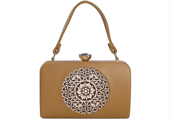 J I ACCESSORIES Elegant Vintage-Inspired Handbag with Intricate Golden Floral Mandala Embossing, Premium Finishing, and – Perfect for Parties, Weddings & Special Occasions