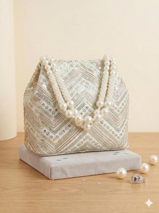 Bag in Women's Ethnic Potli Bag Embroidered Drawstring Purse with Pearl Bead Handle for Festive Occasions