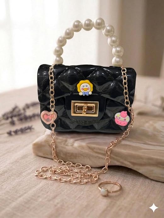 J I Kids Pearl Handle Mini Purse Bag Cute Cartoon Decorative Handbag for Girls
