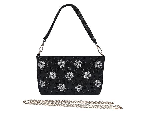 J I ACCESSORIES Velvet Hand-Embroidered Floral Clutch