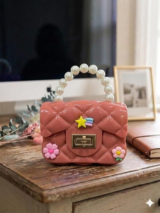 J I Kids Pearl Handle Mini Purse Bag Cute Cartoon Decorative Handbag for Girls
