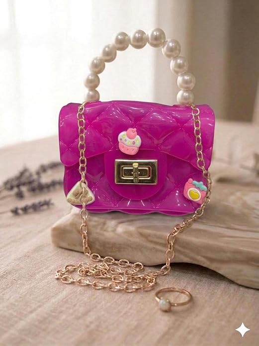 J I Kids Pearl Handle Mini Purse Bag Cute Cartoon Decorative Handbag for Girls