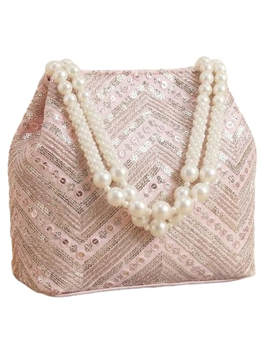 Bag in Women's Ethnic Potli Bag Embroidered Drawstring Purse with Pearl Bead Handle for Festive Occasions