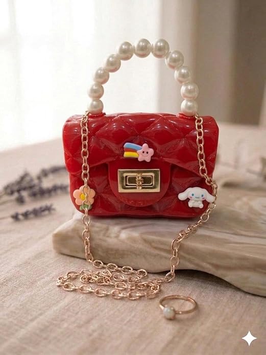 J I Kids Pearl Handle Mini Purse Bag Cute Cartoon Decorative Handbag for Girls