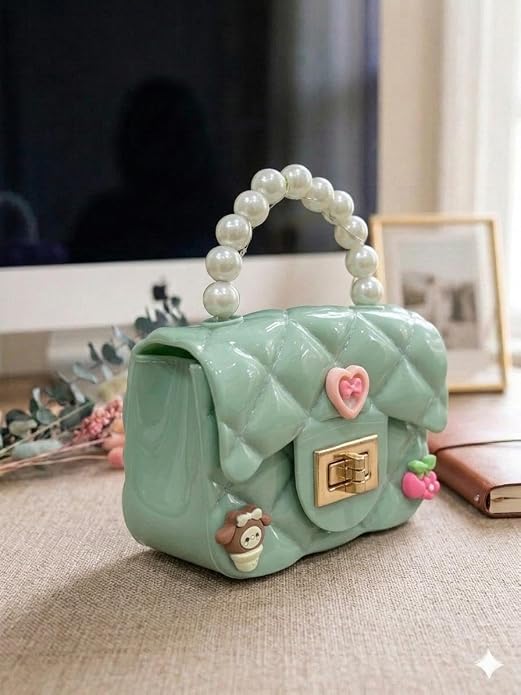 J I Kids Pearl Handle Mini Purse Bag Cute Cartoon Decorative Handbag for Girls