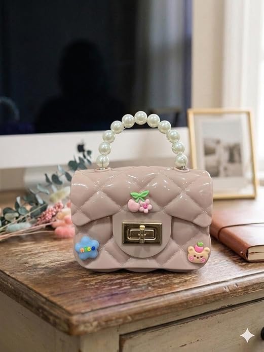 J I Kids Pearl Handle Mini Purse Bag Cute Cartoon Decorative Handbag for Girls