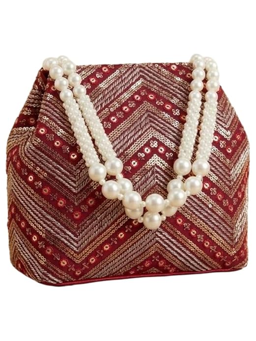Bag in Women's Ethnic Potli Bag Embroidered Drawstring Purse with Pearl Bead Handle for Festive Occasions