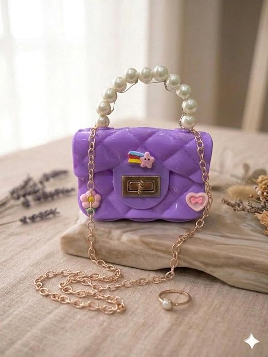 J I Kids Pearl Handle Mini Purse Bag Cute Cartoon Decorative Handbag for Girls