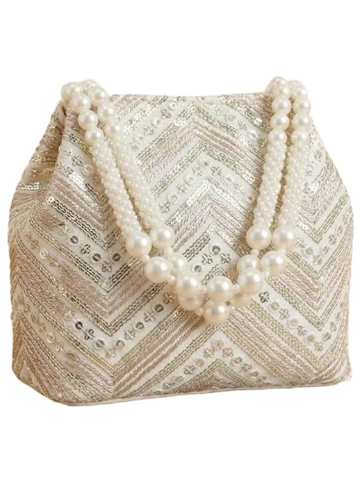 Bag in Women's Ethnic Potli Bag Embroidered Drawstring Purse with Pearl Bead Handle for Festive Occasions