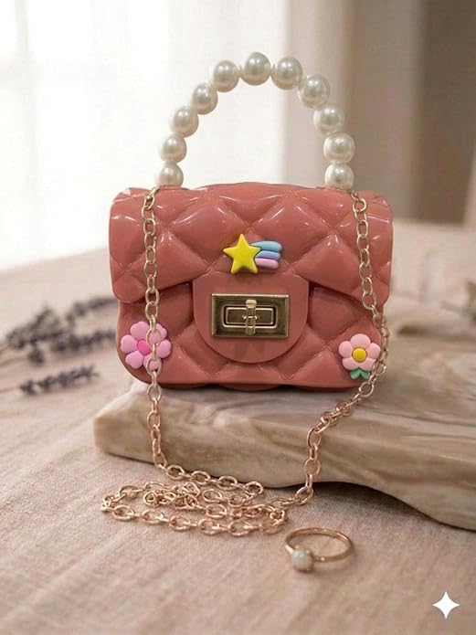 J I Kids Pearl Handle Mini Purse Bag Cute Cartoon Decorative Handbag for Girls