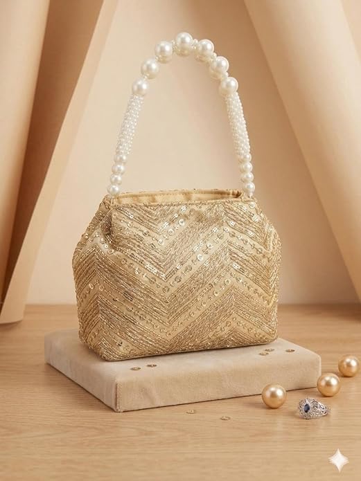 Bag in Women's Ethnic Potli Bag Embroidered Drawstring Purse with Pearl Bead Handle for Festive Occasions