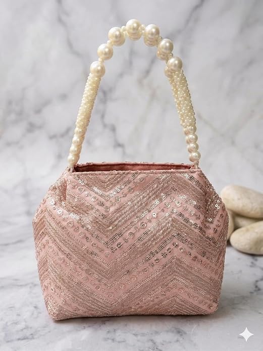 Bag in Women's Ethnic Potli Bag Embroidered Drawstring Purse with Pearl Bead Handle for Festive Occasions
