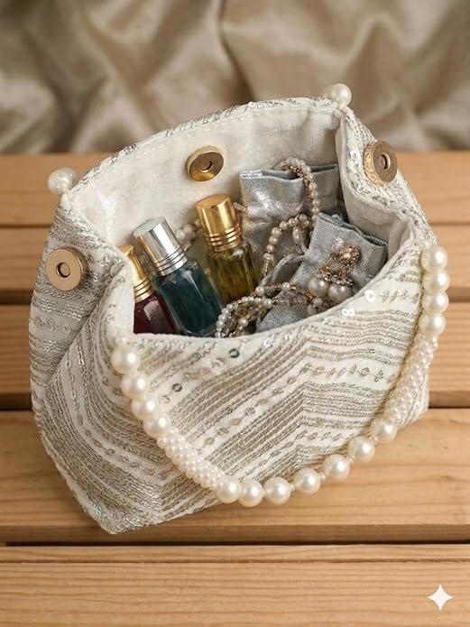 Bag in Women's Ethnic Potli Bag Embroidered Drawstring Purse with Pearl Bead Handle for Festive Occasions
