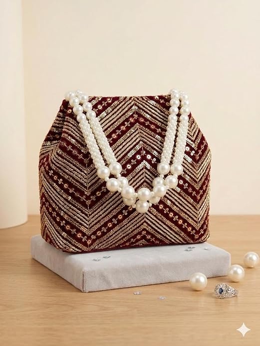 Bag in Women's Ethnic Potli Bag Embroidered Drawstring Purse with Pearl Bead Handle for Festive Occasions