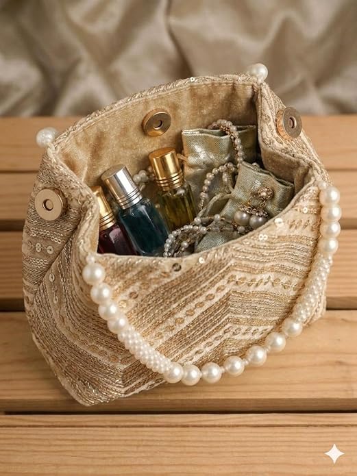 Bag in Women's Ethnic Potli Bag Embroidered Drawstring Purse with Pearl Bead Handle for Festive Occasions