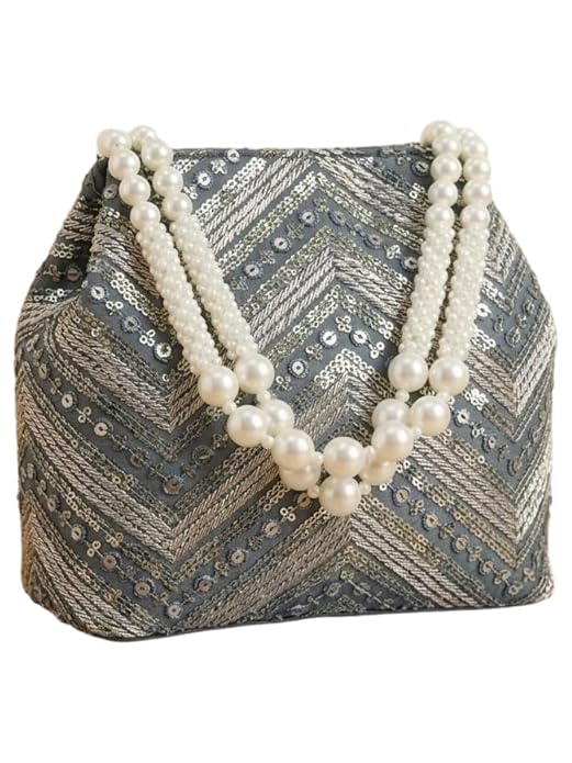 Bag in Women's Ethnic Potli Bag Embroidered Drawstring Purse with Pearl Bead Handle for Festive Occasions