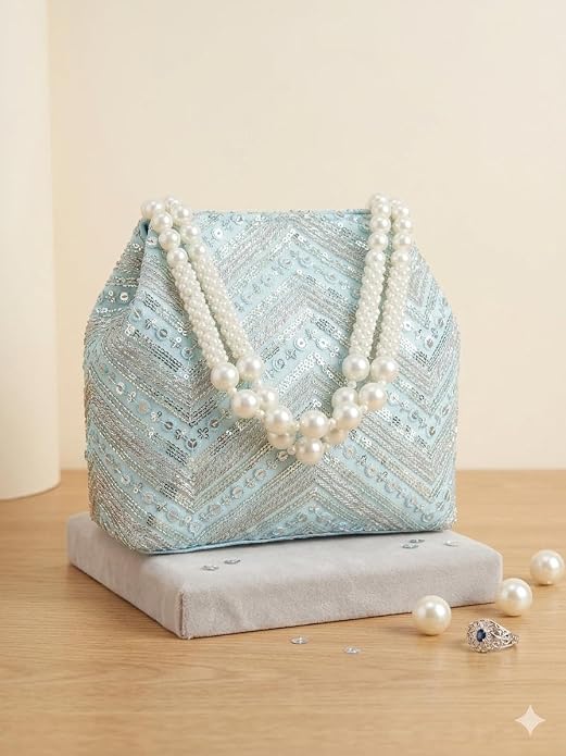 Bag in Women's Ethnic Potli Bag Embroidered Drawstring Purse with Pearl Bead Handle for Festive Occasions