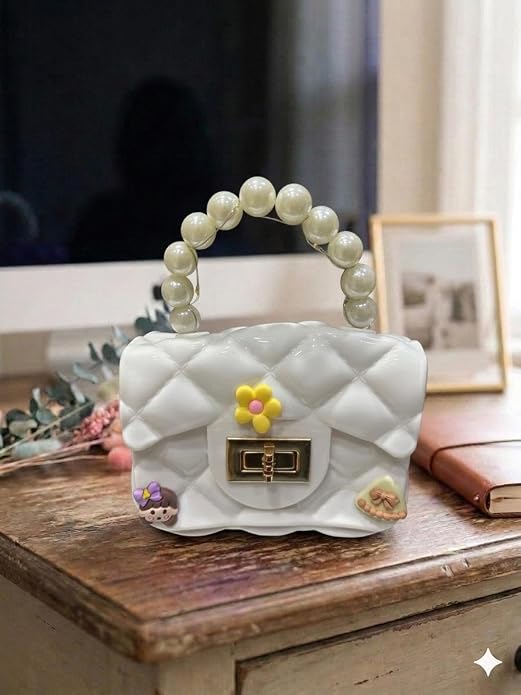 J I Kids Pearl Handle Mini Purse Bag Cute Cartoon Decorative Handbag for Girls