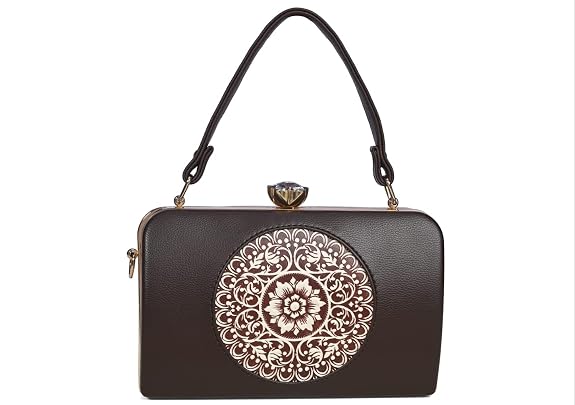 J I ACCESSORIES Elegant Vintage-Inspired Handbag with Intricate Golden Floral Mandala Embossing, Premium Finishing, and – Perfect for Parties, Weddings & Special Occasions