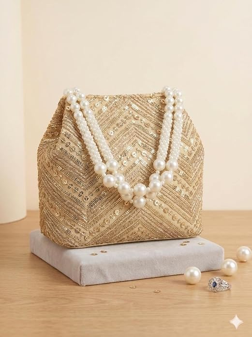 Bag in Women's Ethnic Potli Bag Embroidered Drawstring Purse with Pearl Bead Handle for Festive Occasions