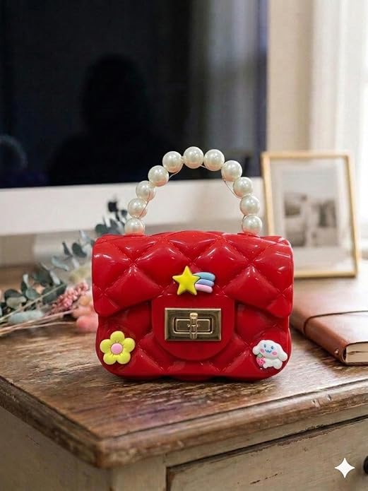 J I Kids Pearl Handle Mini Purse Bag Cute Cartoon Decorative Handbag for Girls