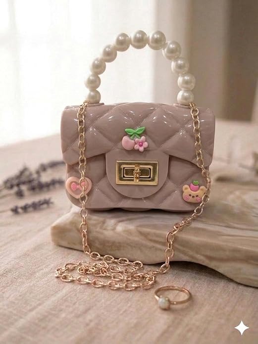 J I Kids Pearl Handle Mini Purse Bag Cute Cartoon Decorative Handbag for Girls