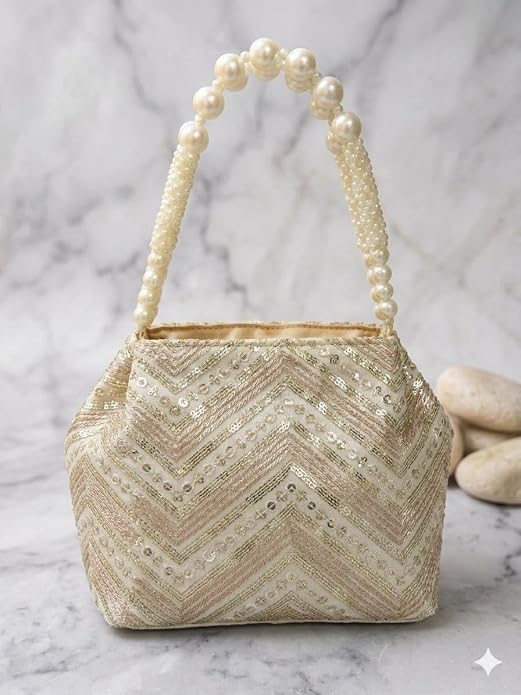Bag in Women's Ethnic Potli Bag Embroidered Drawstring Purse with Pearl Bead Handle for Festive Occasions