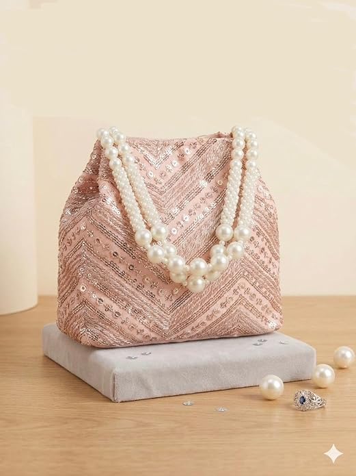 Bag in Women's Ethnic Potli Bag Embroidered Drawstring Purse with Pearl Bead Handle for Festive Occasions