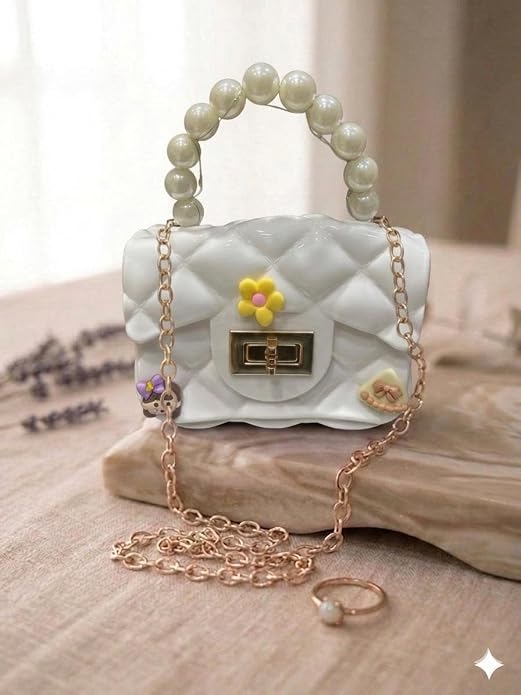 J I Kids Pearl Handle Mini Purse Bag Cute Cartoon Decorative Handbag for Girls