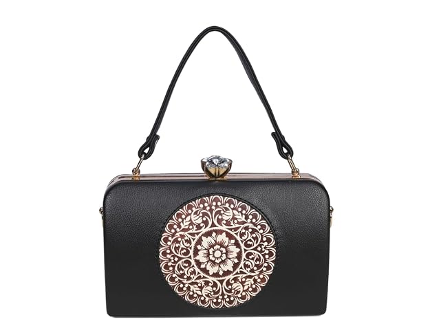 Bag in Elegant Black Floral Handbag with Crystal Clasp Vintage-Inspired Evening Bag for Special Occasions