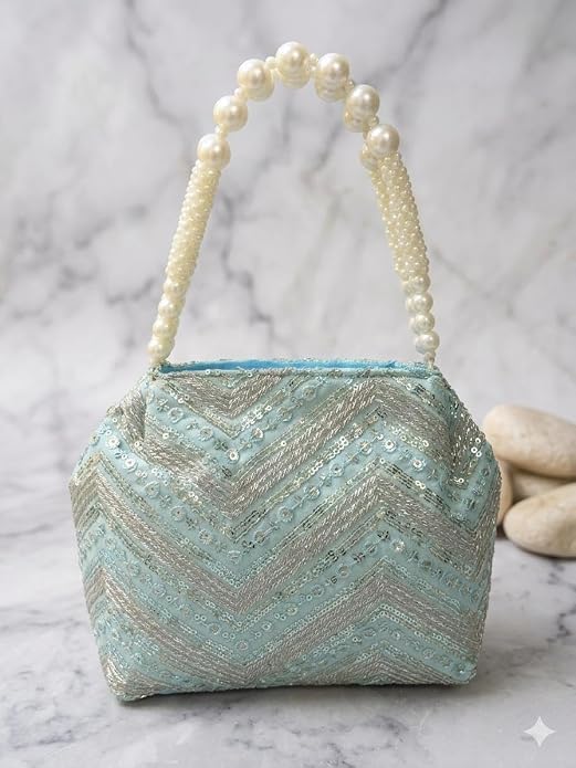 Bag in Women's Ethnic Potli Bag Embroidered Drawstring Purse with Pearl Bead Handle for Festive Occasions