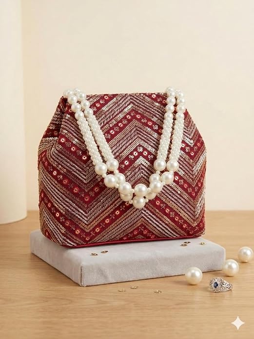 Bag in Women's Ethnic Potli Bag Embroidered Drawstring Purse with Pearl Bead Handle for Festive Occasions